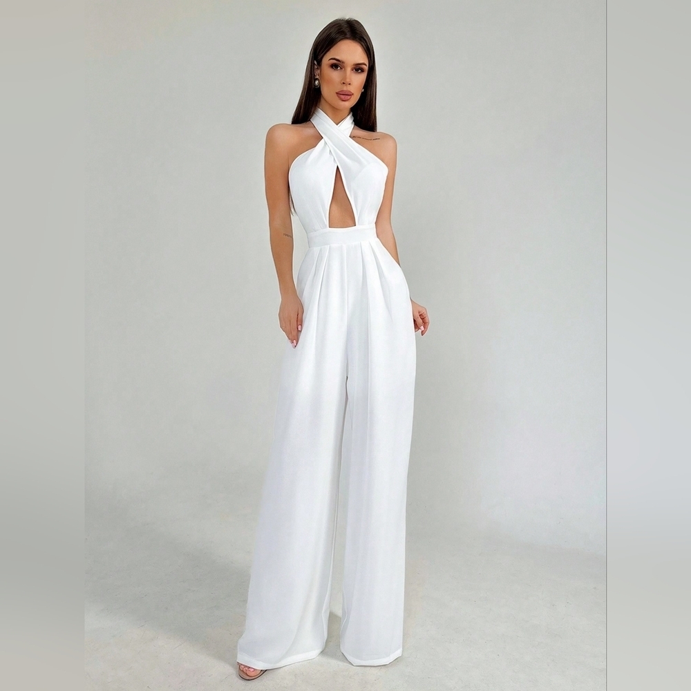 White Halter Neck Tie Waist Pleated Backless Plain Street - Picture 2 of 5